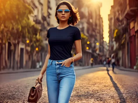 Uma mulher caminhando , full body shot, cgi, dslr, fantastic realism, city background, casual outfit, lack plain Tee-shirt, round neck Tee-shirt, full length tee-shirt, with tight jeans, heels, bronzepunk, back hairs indian girl, 3d, cinematic, golden hour...
