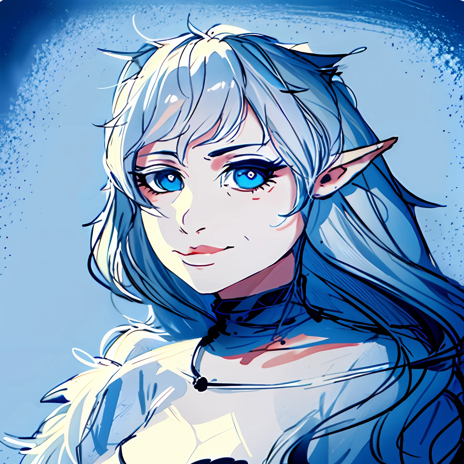 Drawing of a girl with long white hair and a hand on her chest, Simple lineart, thick lineart, paint, elven character with smirk, lineart, Pure lineart, Clean Anime Sketches, portrait of an elf, perfect lineart, thick black lineart, Portrait of DND, Portrait of Tiefling, Portrait of DND, Blue beautiful eyes, Around the neck is a choker with the moon