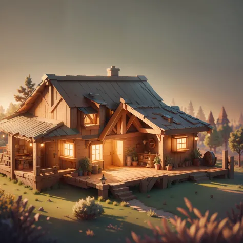Masterpiece, best quality, (very detailed CG unity 8k wallpaper), (best quality), (best illustration), (best shadows), isometric 3D , octane rendering, ray tracing, highly detailed, 1house, wood construction, in top hill, have a lawn, sunset, warm light, b...