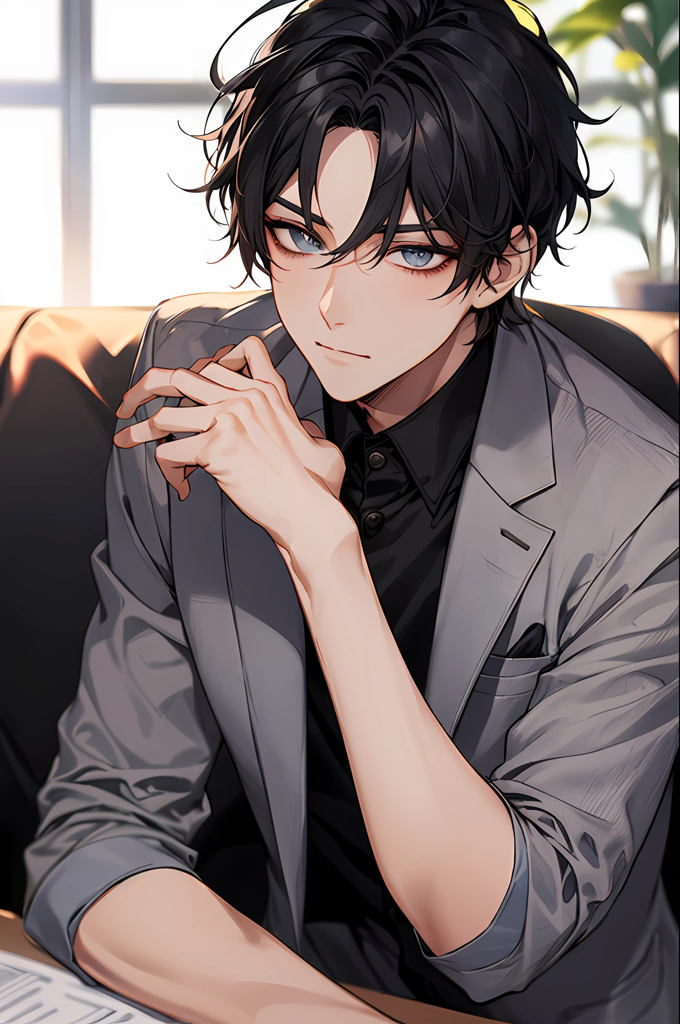 1 Men，short detailed hair，Black color hair，（Eye 1：2，Clear eyes，Elaborate Eyes，Delicate pupils，good eyes，eye detailed），Face focus，Adult，In black suit，best qualtiy，detail in face，in a office，Sit at your desk，sitting in the couch，Lazy，Detailed background，Diffused sunlight，depth of fields，Background bokeh，Looking into the distance，