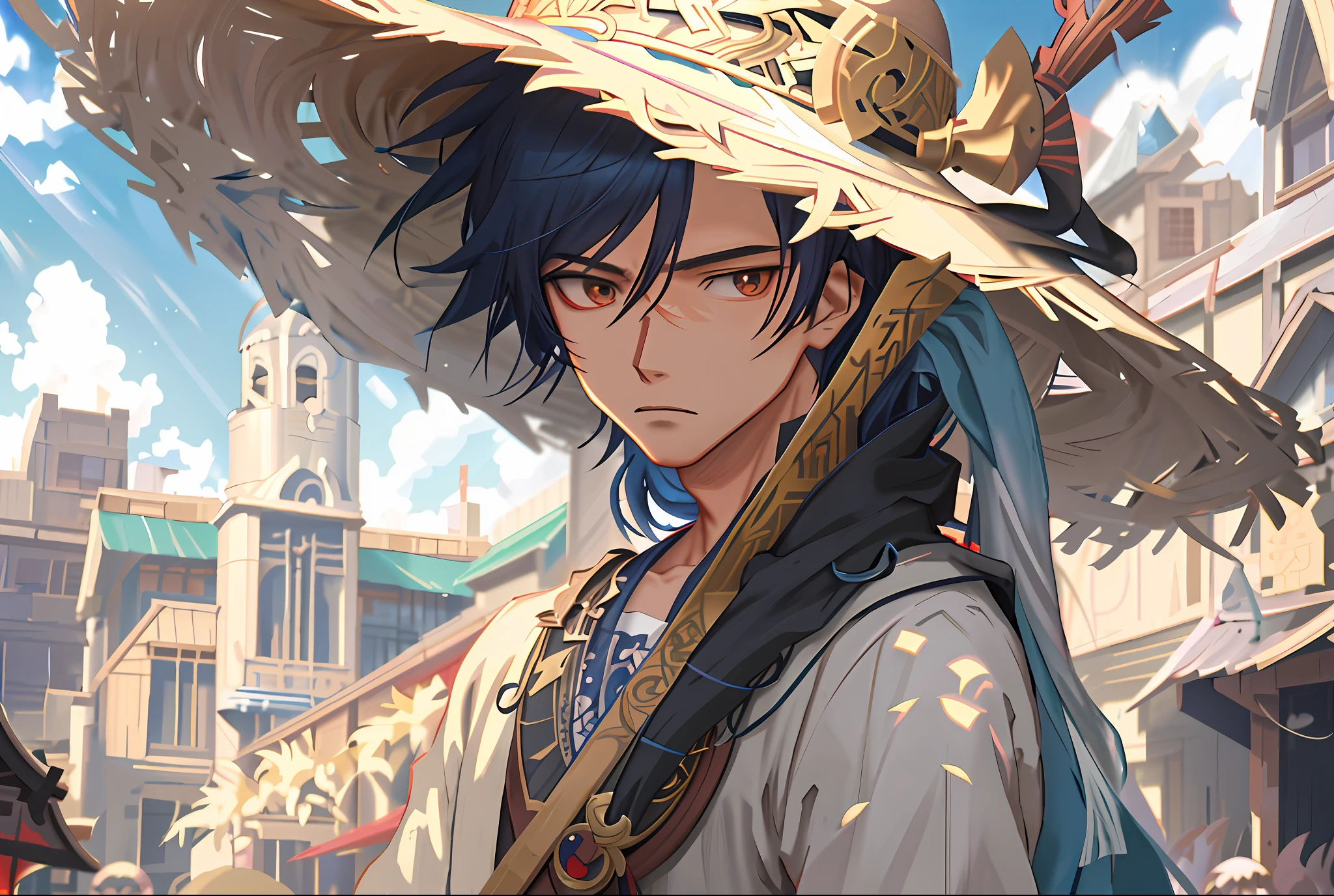 Anime characters wearing straw hats and a stick in front of the building, Guviz-style artwork, Keqing from Genshin Impact, handsome guy in demon killer art, Guviz, Kawasi, intricate ornate anime cgi style, Genshin impact's character, zhongli from genshin impact, anime in fantasy style, Detailed digital anime art