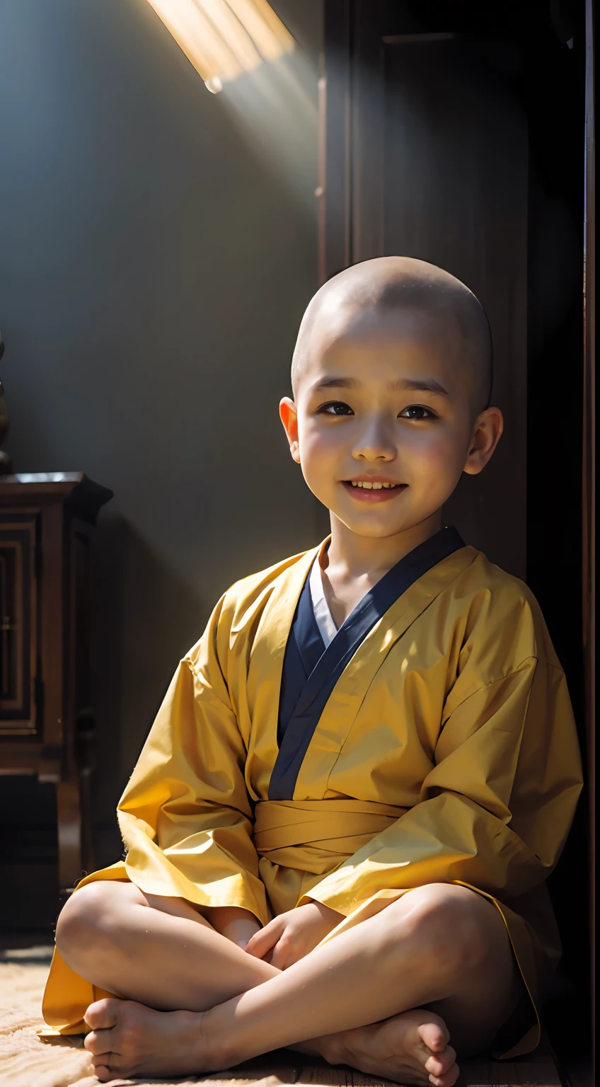 (Subject) little monk, (Action) meditating, smiling, (Context) temple hall corner, (Environment) indoor, temple, (Lighting) soft, warm, sunbeams, (Artist) rembrandt, (Style) realism, (Medium) oil painting, (Type) portrait, (Color scheme) yellow robes, (Quality) photorealistic, extremely detailed
Positive Prompt:
In a corner of the temple hall, a three year old little monk sits leisurely meditating. His shaved head glowing warmly in the soft sunbeams. His amused smile and chubby cheeks looking so cute. His bright eyes looking directly at the camera, as if showing his innocence and fearlessness. Wearing yellow robes, he appears utterly serene and spiritual.