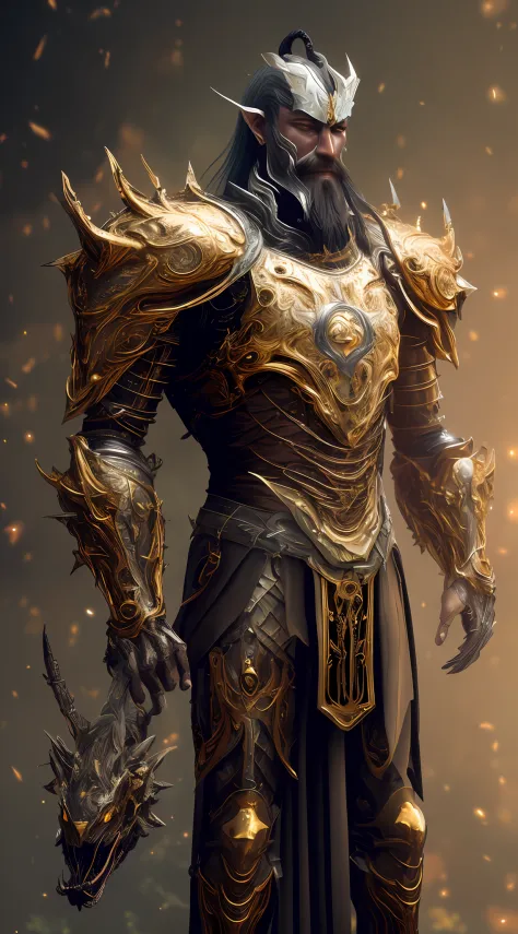 a close up of a man in armor with a sword, gold heavy armor. Dramatic, Stunning armor, black and golden armor, black and golden armor, Golden armor, Detailed fantasy armor, Beautiful armor, Intricate golden armor, Fantasy armor, ornate armour, intricate or...