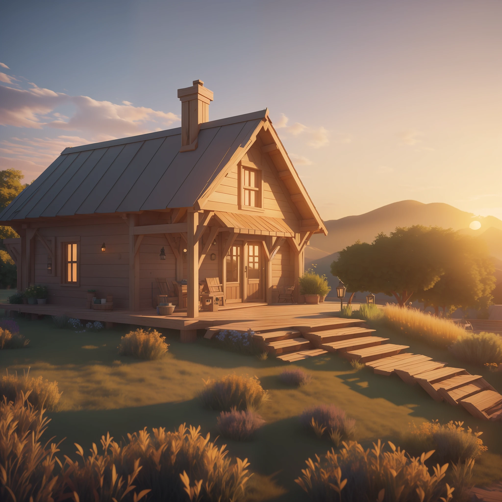 Masterpiece, best quality, (very detailed CG unity 8k wallpaper), (best quality), (best illustration), (best shadows), isometric 3D , octane rendering, ray tracing, highly detailed, 1house, wood construction, in top hill, have a lawn, sunset, warm light, beautiful design, detailed.