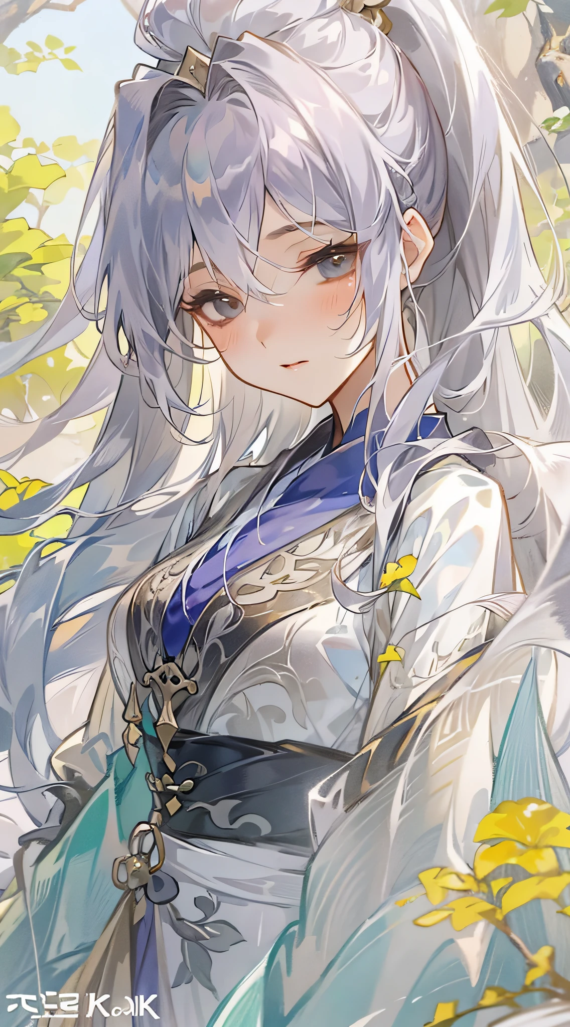 HighestQuali、intrincate detail、8K、4 k''、A high resolution、intrincate detail、Long haired young girl with gray hair、Upper body is shown、High hills、(Fantasy world）、In the daytime、Anime style, high ponytail, delicate clothing, fine hair, open scenery, calm face, beautiful appearance, Chinese style, ancient