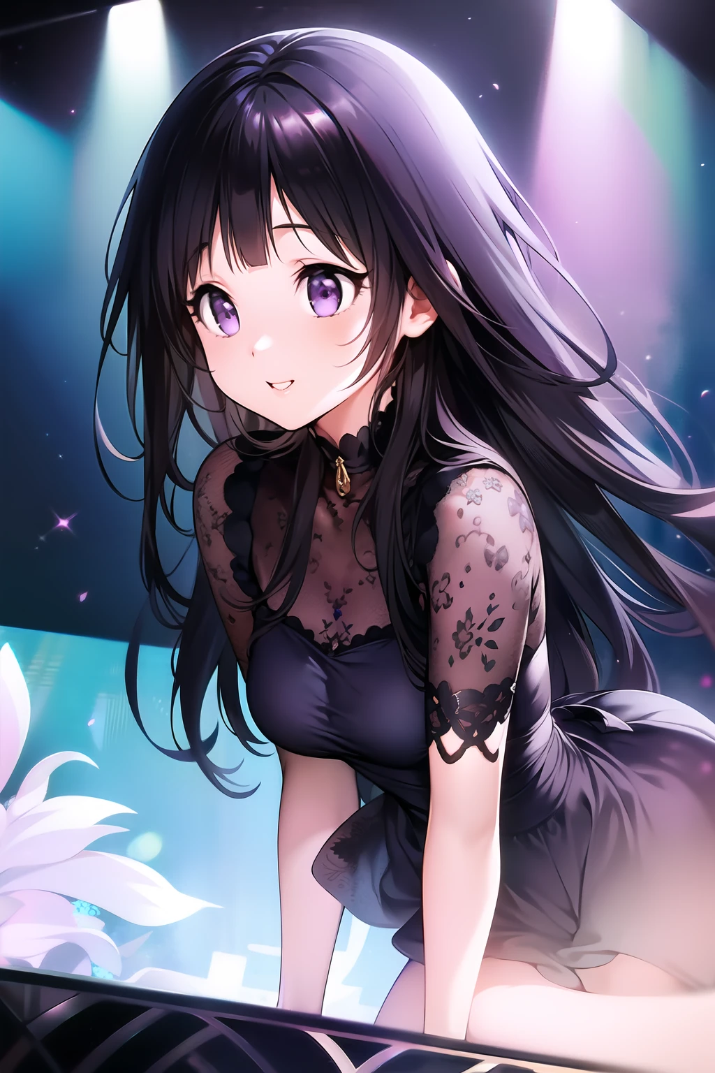 (A superb exquisite Chitanda Eru), full body, purple eyes, long black hair, natural straight hair, straight bangs, solo, ((idol)), ((on stage)), (top model), extremely delicate, straight facial features, peerless beautiful girl, soft, (sensual), (ecchi), (kawaii), dreamy quality, exaggerated facial features, solid color, frank holly, delicate face, bright lips smiling, slender waist, soft curves, real light and shadow, super fine, 4k, natural moving, Ultra high resolution, (masterpiece:1.2, best quality), (finely detailed beautiful eyes: 1.2), (beautiful detailed face)