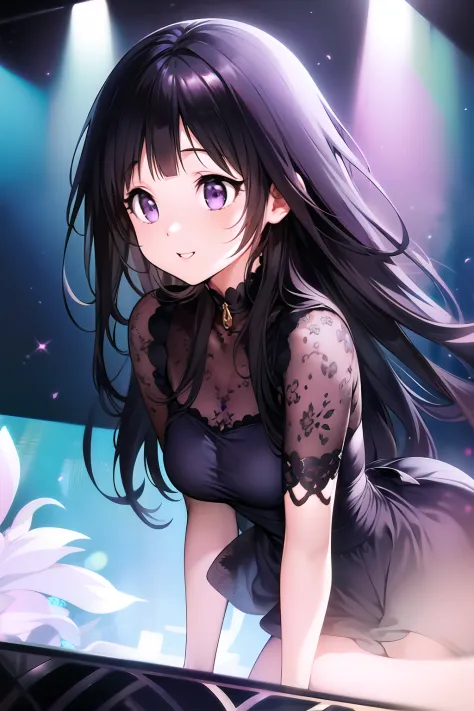 (A superb exquisite Chitanda Eru), full body, purple eyes, long black hair, natural straight hair, straight bangs, solo, ((idol)...