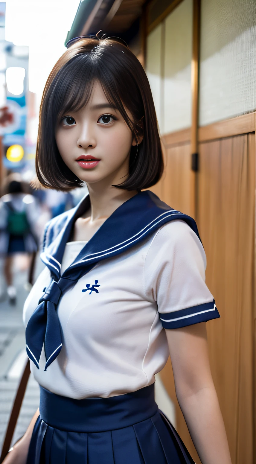 ((Realistic lighting、top-quality、8K、​masterpiece:1.3))、Clear focus:1.2、1girl in、Perfect Body Beauty:1.4、Slim abs:1.1、((Short black hair、small tits))、(White sailor suit and navy blue skirt:1.4)、(Street)、Idol、Super fine face、finely eye、二重まぶた、dark brown eyes、(bangss)、(hyper pretty face:1.5), (Japan  Woman:1.5),　(sixteen years old)、Beautie、hi-school girl、