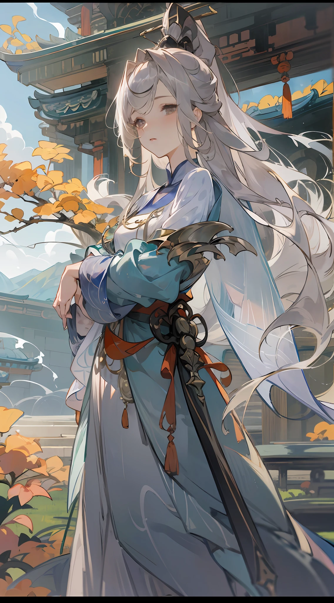 HighestQuali、intrincate detail、8K、4 k''、A high resolution、intrincate detail、Young girl with long hair and white hair、showing whole body、High hills、(Fantasy world）、In the daytime、Anime style, High ponytail, Delicate blue and white clothes, Fine hair, Open scenery, Calm face, Beautiful appearance, Chinese style, The ancient book looks indifferent and neatly high ponytail、