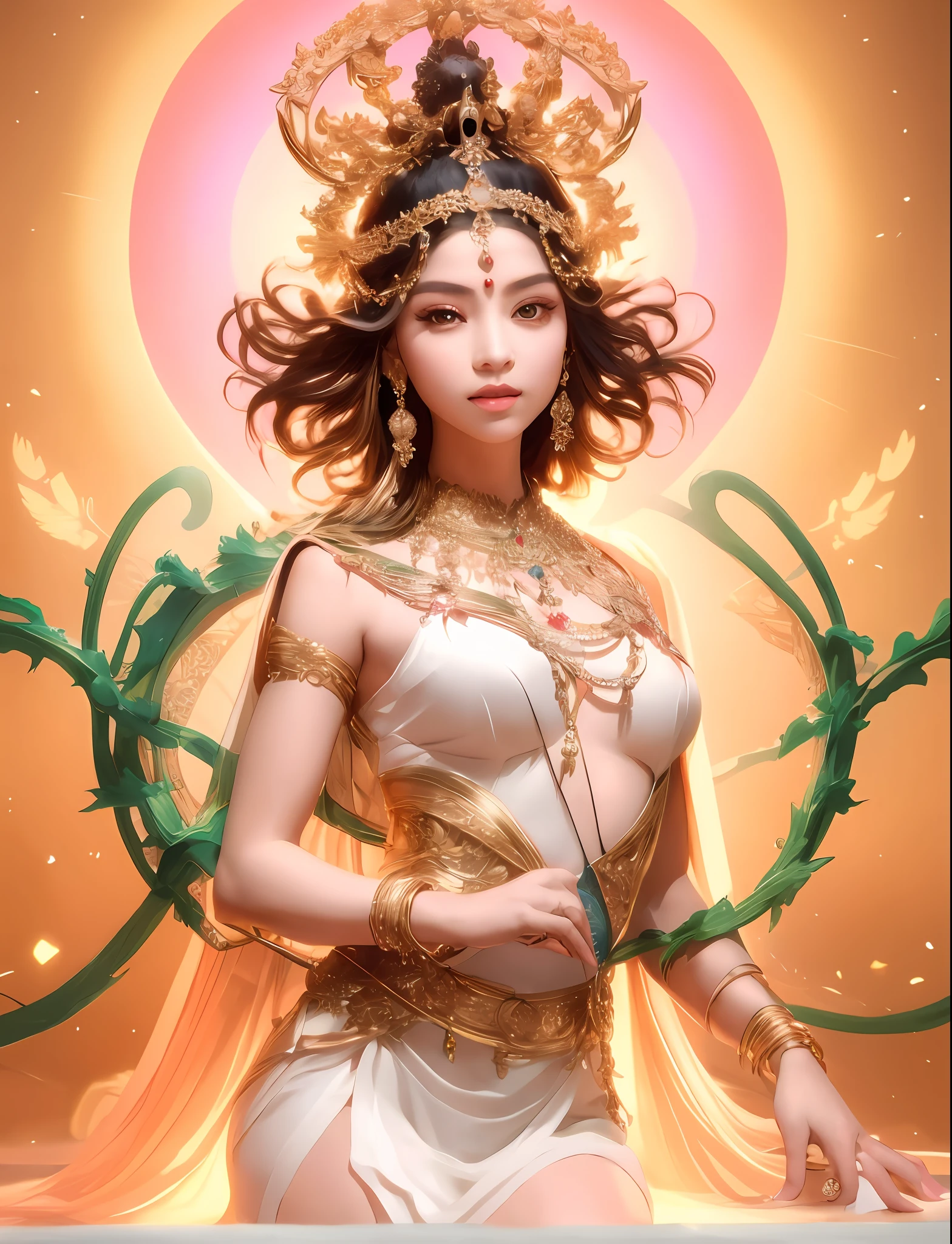 白いドレスを着て，金色の頭飾りをつけたアラドの女性, 頭部には光の開口部がある，美しいファンタジーの皇后, 女神. 非常に高い詳細, 美しい女神, 非常に詳細な女神ショット, 美しい女神の肖像, ((美しいファンタジーの皇后)), 女神の見事な肖像画,, 若い女神, 獅子座のゴージャスな女神, 女神