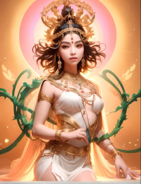 Wearing a white dress，Arad woman in a golden headdress, The head has an aperture of light，a beautiful fantasy empress, Goddess. ...