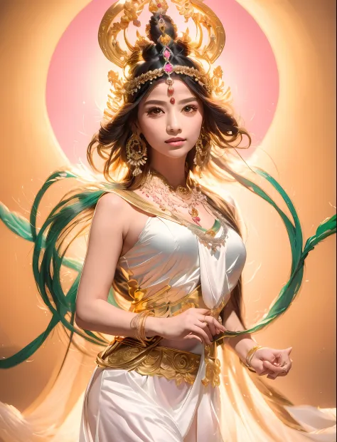 Wearing a white dress，Arad woman in a golden headdress, The head has an aperture，Hold a sword in hand，The whole body is like sit...