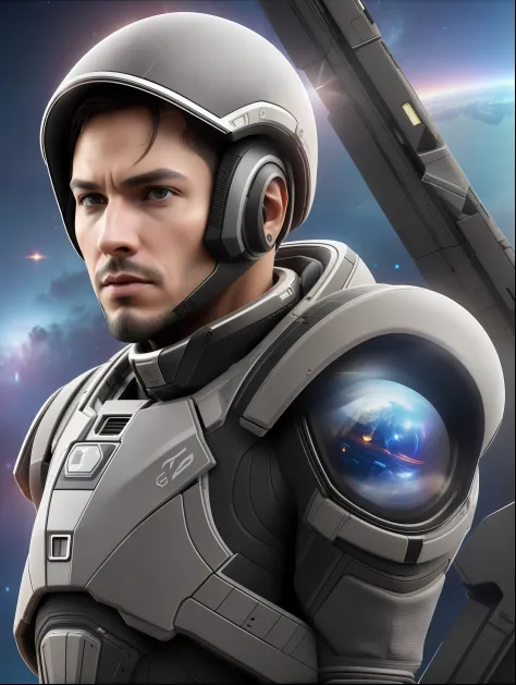 fking_scifi, award-winning photo of a man, black flight suit with yellow accents, brown hair, (gray eyes:1.35), square jawline, asymmetric face, standing in front of a window on a space ship, 80mm, bokeh, mass effect, close up, fking_cinema_v2