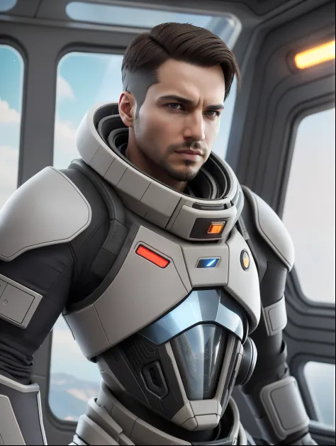 fking_scifi, award-winning photo of a man, black flight suit with yellow accents, brown hair, (gray eyes:1.35), square jawline, ...