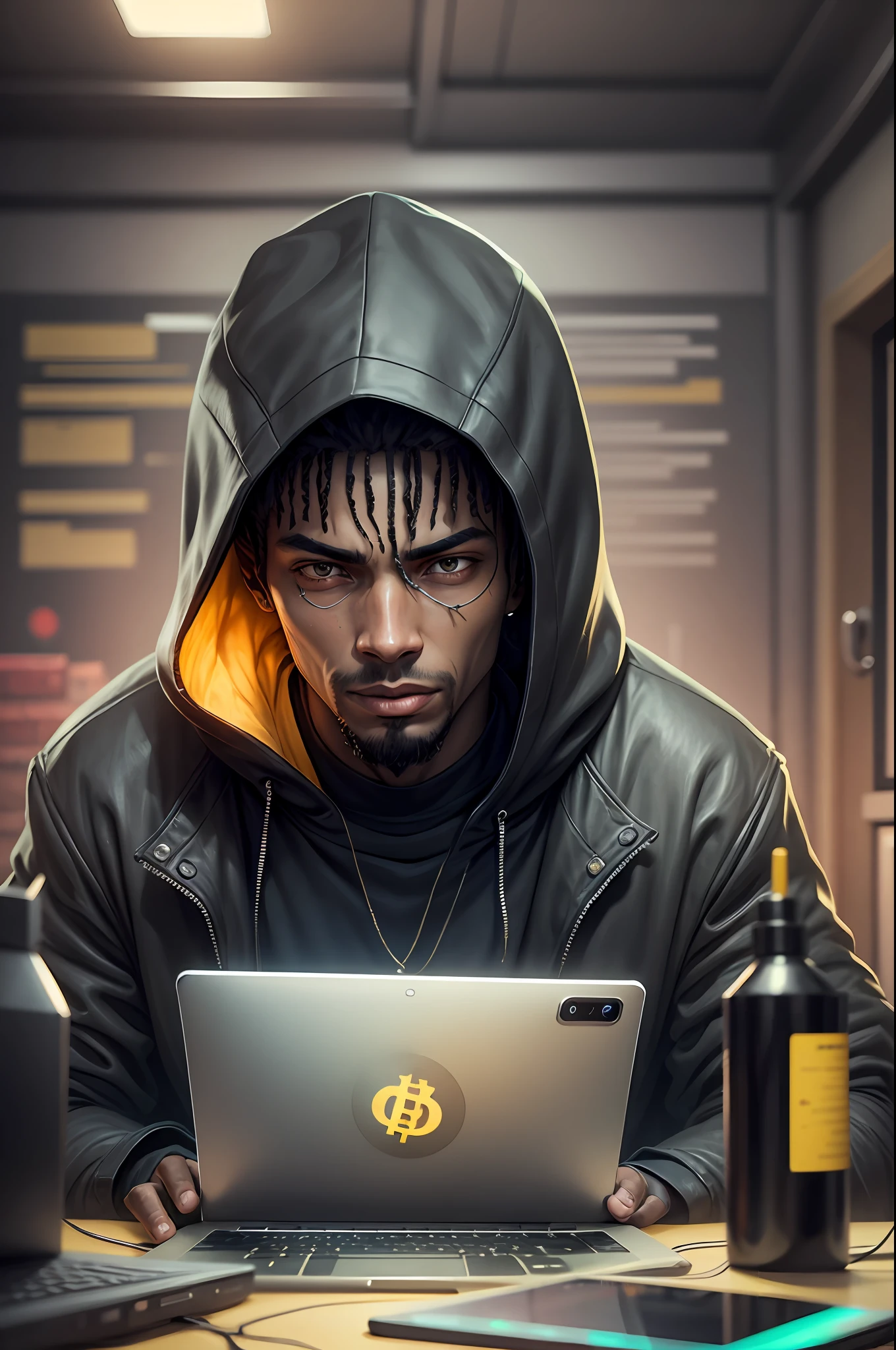 crie um hacker homem negro, in a room full of electronic devices, usando colar de bitcoin --auto --s2