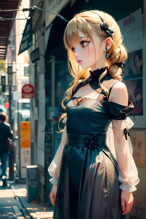 Blonde doll with long hair and black dress pose, loli in dress, small curvy loli, Beautiful anime girl, Seductive Anime Girl, Cu...