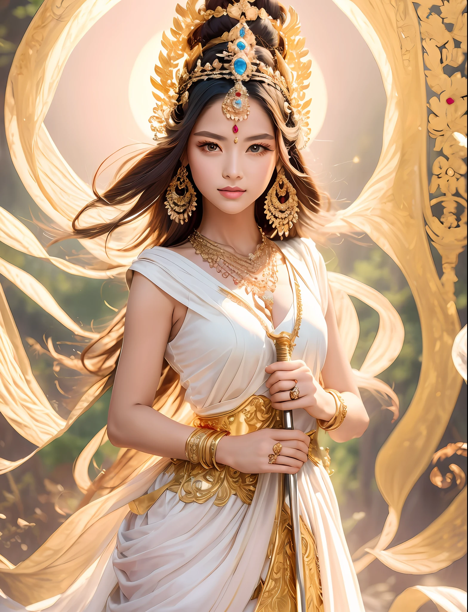 Wearing a white dress，Arad woman in a golden headdress, The head shines，Hold a sword in hand，White skin is delicate，The whole body is like sitting on a rock，The background is the forest of Iwayama Village，a beautiful fantasy empress, Goddess. Extremely high detail, Beautiful goddess, extremely detailed goddess shot, portrait of a beautiful goddess, ((a beautiful fantasy empress)), a stunning portrait of a goddess,, young goddess, gorgeous goddess of leo, Female goddess
