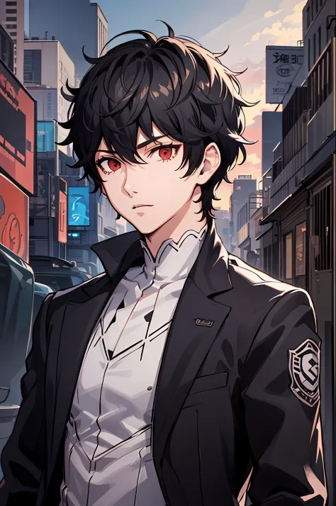 Masterpiece, Best Quality, 1boy, 独奏, male focus, Dshocker, black hair, Short hair, red-eyes, high collar, black coat, gray shirt, long sleeves, pants, Ancient ruins, night time, Detailed background