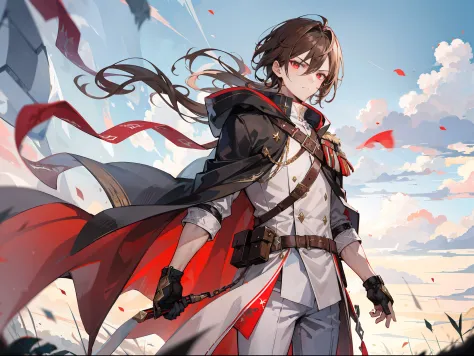 "Atmospheric battlefield land, a badass boy with brown hair and bright red eyes, wearing a white fantasy hero cloak. 4k."