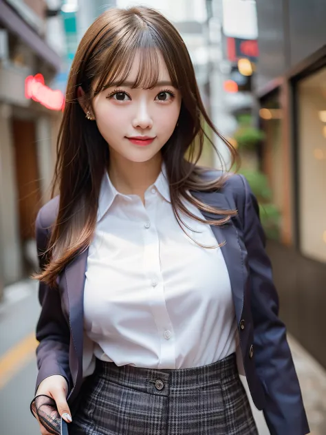 Woman wearing office casual、suits、tight skirts、In the street、fullllbody、top-quality、ultra-detailliert、超A high resolution、(Photorealsitic:1.8)、Saika 1、Erotic face、looking at the viewers、a smile、natural soft light、huge tit