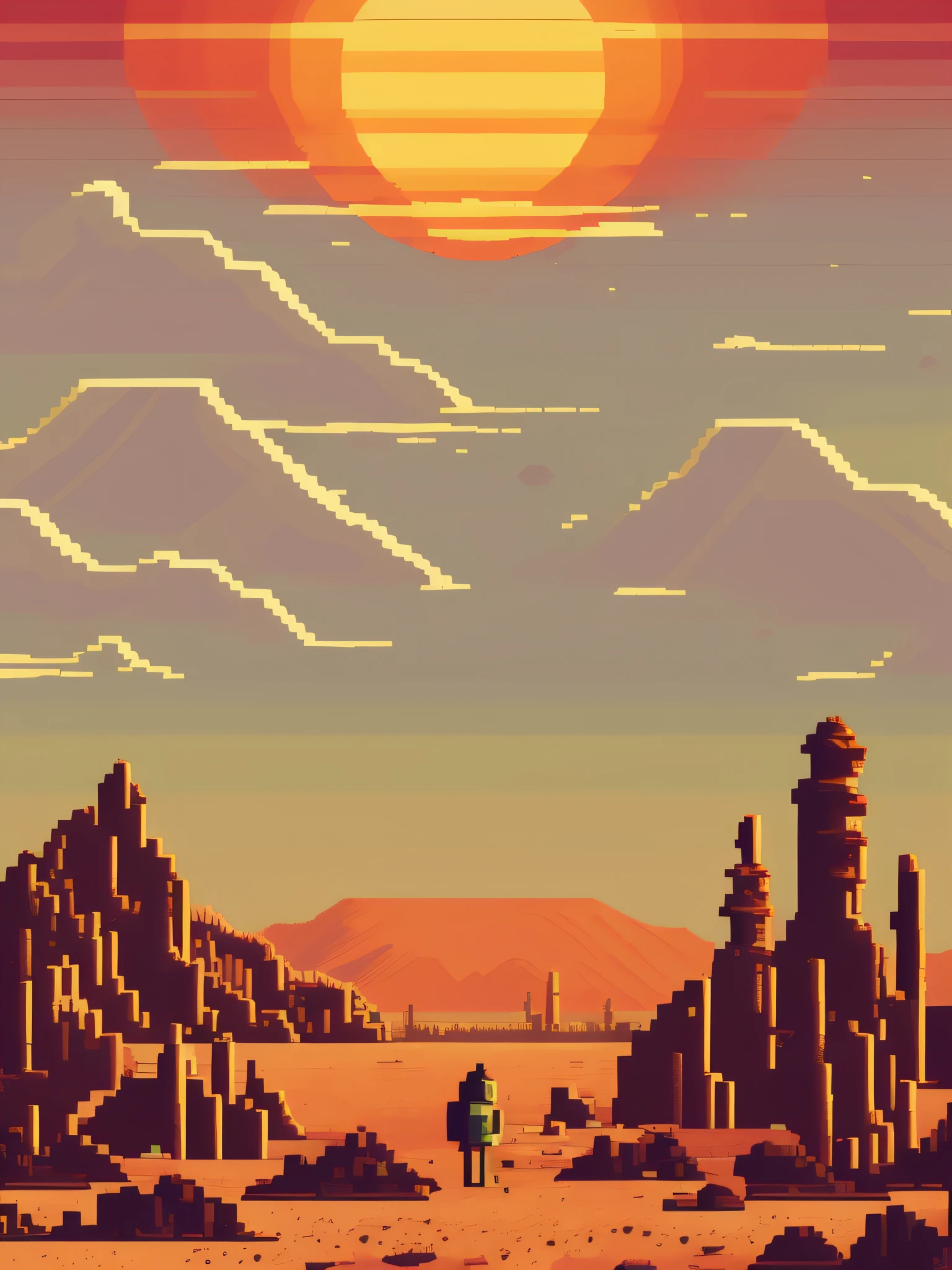 pixelart Produce an image of a vast and arid desert wasteland, with towering sand dunes, burning heat, and the feeling of being alone. Show the struggle for survival, the isolation, and the beauty of a challenging environment.