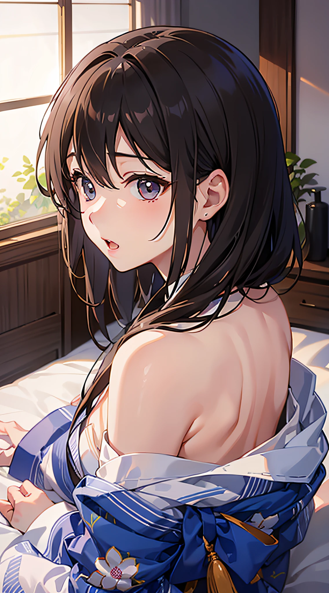 (8K、Raw photography、top-quality、​masterpiece:1.2)、Illustration Touch、ultra-detailliert、超A high resolution、1 fair-skinned girl、dark brown  hair、Light-colored yukata、Dark indoor、Lying on the futon、full bodyesbian、bare shoulders​、((No underwear))、(Upbeat cheeks)、clean legs、half-opened mouth、moaning、(closing eye)