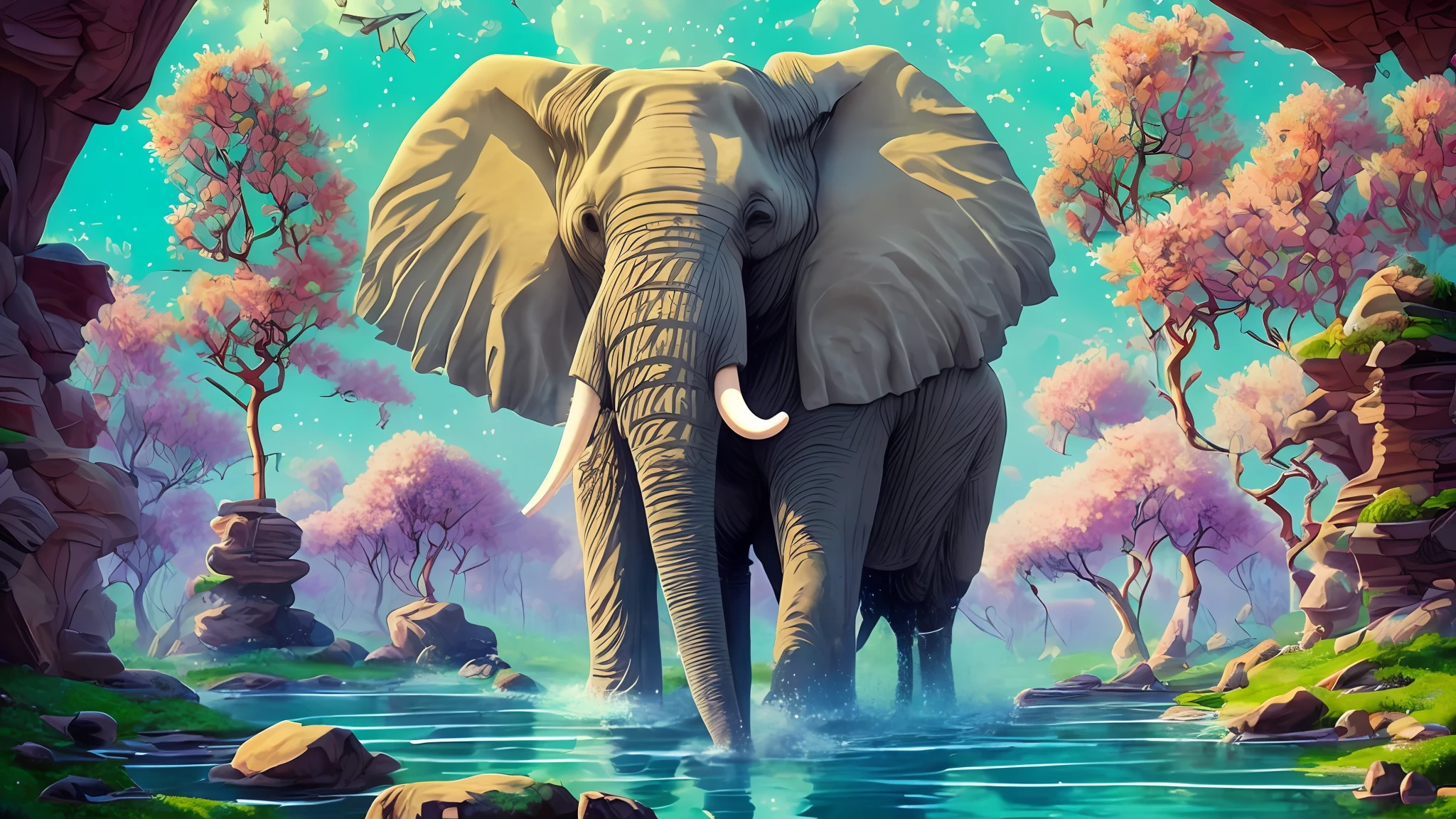 uma paisagem de fantasia mágica dentro do real místico de celestia onde um majestoso elefante diurno jaz um erro rápido adulto deserto atinge ao vivo por favor forme um testemunho da escassez de água nesta extensão encantada que cerca o elefante e envie pilares de pedra que cheguem até nós os céus que eu não não faça isso brilhando em verde que uma vez realizou poderosos feitiços de dobra de água --auto --s2