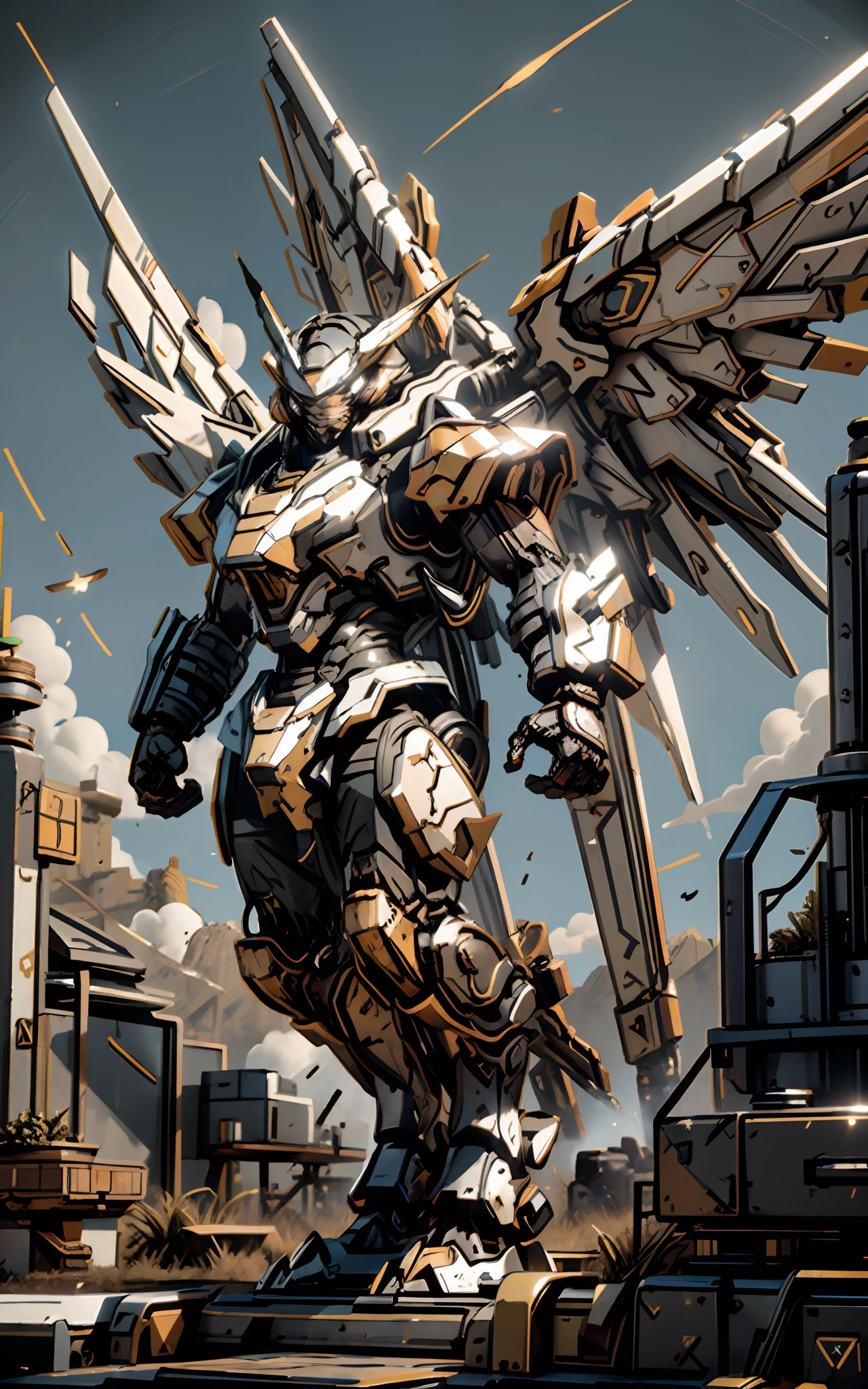 (Masterpiece, Best quality:1.3),extremly high detail, Intricate, 8K, hdr, the wallpaper, Cinematic lighting, sky, Flying,Glowing, Armor, Glowing eyes, Mecha, Realistic,Mecha, large wings, starrysky,Black and gold,Large mecha wing,Huge，((Best quality)), ((Masterpiece)), (Highly detailed:1.4) ,hdr (HighDynamicRange),Ray tracing,NVIDIA RTX,Hyper-Resolution,Unreal 5,Subsurface scattering,PBR Texture,Post-processing,Anisotropic filtering,depth of fields,Maximum clarity and sharpness,Multi-layered textures,Albedo and specular maps,Surface coloring,Accurate simulation of light-material interaction,Perfect proportions,rendering by octane,Two-tone lighting,Wide aperture,Low ISO,White balance,Rule of thirds,8K raw data,3D