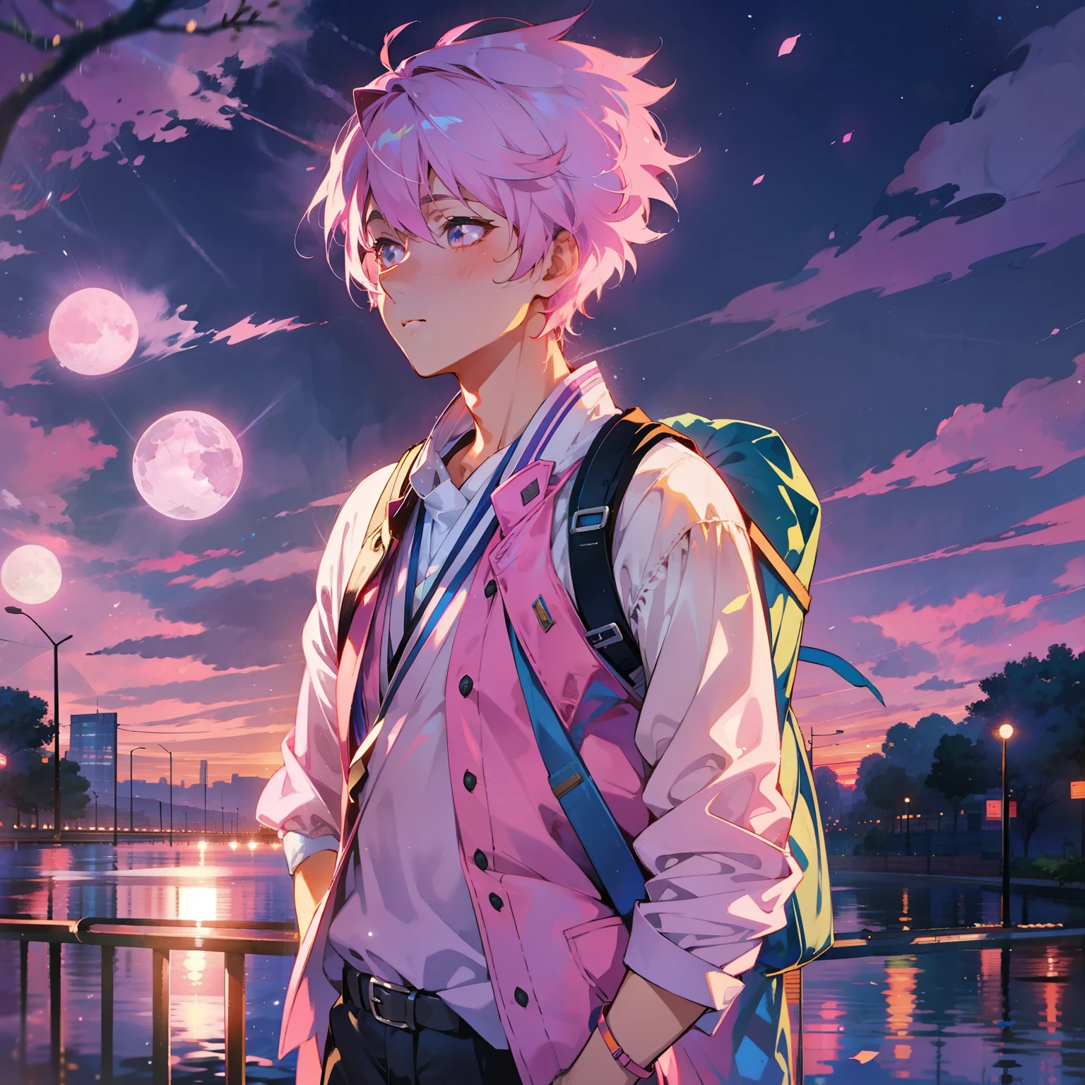 Anime boy with pink hair and backpack standing in front of a lake - SeaArt  AI