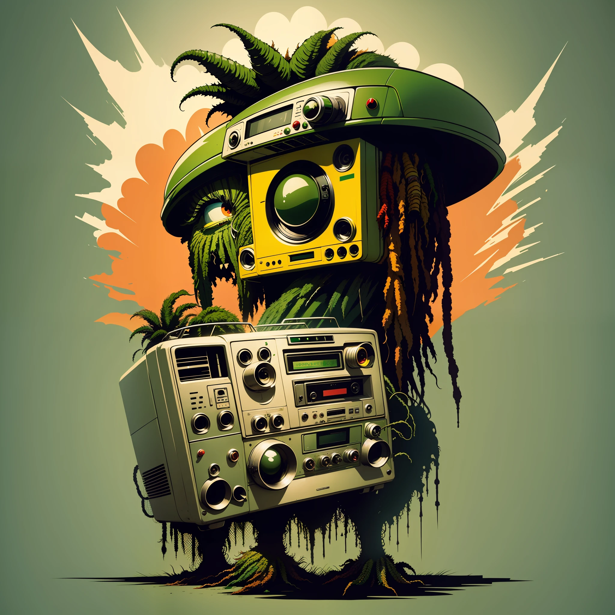 a ((((([rasta monster])))))), ( full body shot) holding a boombox, ghetto blaster, big ghetto blaster, tape deck, lofi hip hop, audio equipments, cassette, retro technology, nostalgic vibes, 1 9 6 0 s tech, radios, vintage, the 6 0 s, propaganda Poster style, Poster design, poster art style. 1970s, 1950s, 1960s, Very colourful poster, colour art, thirds rule, inspiring, 1970, lofi hip hop, high quality artwork, artwork, poster art style, promotional artwork, hiphop, 1 9 th, print, high quality wallpaper, poster artwork, style of shepherd fairey, in a retro or vintage style, reminiscent of classic advertisements or posters. Use warm and muted colors, capturing the nostalgic feel of vintage artwork, bird's eye view