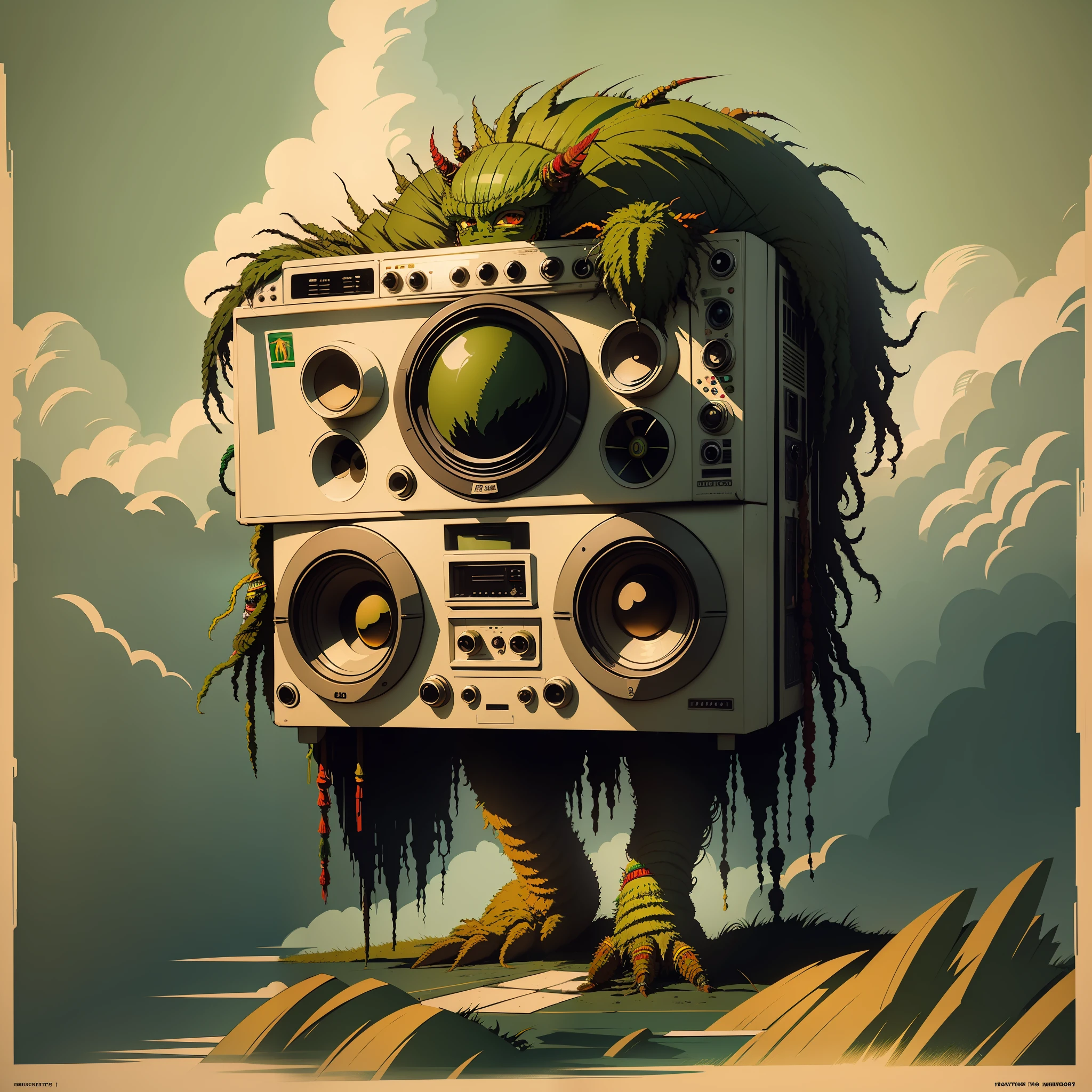 a ((((([rasta monster])))))), ( full body shot) holding a boombox, ghetto blaster, big ghetto blaster, tape deck, lofi hip hop, audio equipments, cassette, retro technology, nostalgic vibes, 1 9 6 0 s tech, radios, vintage, the 6 0 s, propaganda Poster style, Poster design, poster art style. 1970s, 1950s, 1960s, Very colourful poster, colour art, thirds rule, inspiring, 1970, lofi hip hop, high quality artwork, artwork, poster art style, promotional artwork, hiphop, 1 9 th, print, high quality wallpaper, poster artwork, style of shepherd fairey, in a retro or vintage style, reminiscent of classic advertisements or posters. Use warm and muted colors, capturing the nostalgic feel of vintage artwork, bird's eye view