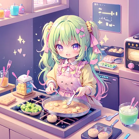 (chibi), cooking, kawaiitech, kawaii, cute, pastel colors, best quality, happy