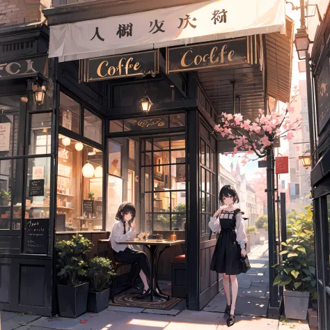 1girl in, open café with complex structure、cocktails、outside of house、naturey、enjoy leisure、landscape painting、high-level image ...