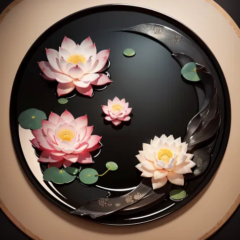 Traditional Chinese painting，water ink，black in color，greys，A lotus flower，Two lotus leaves， --auto
