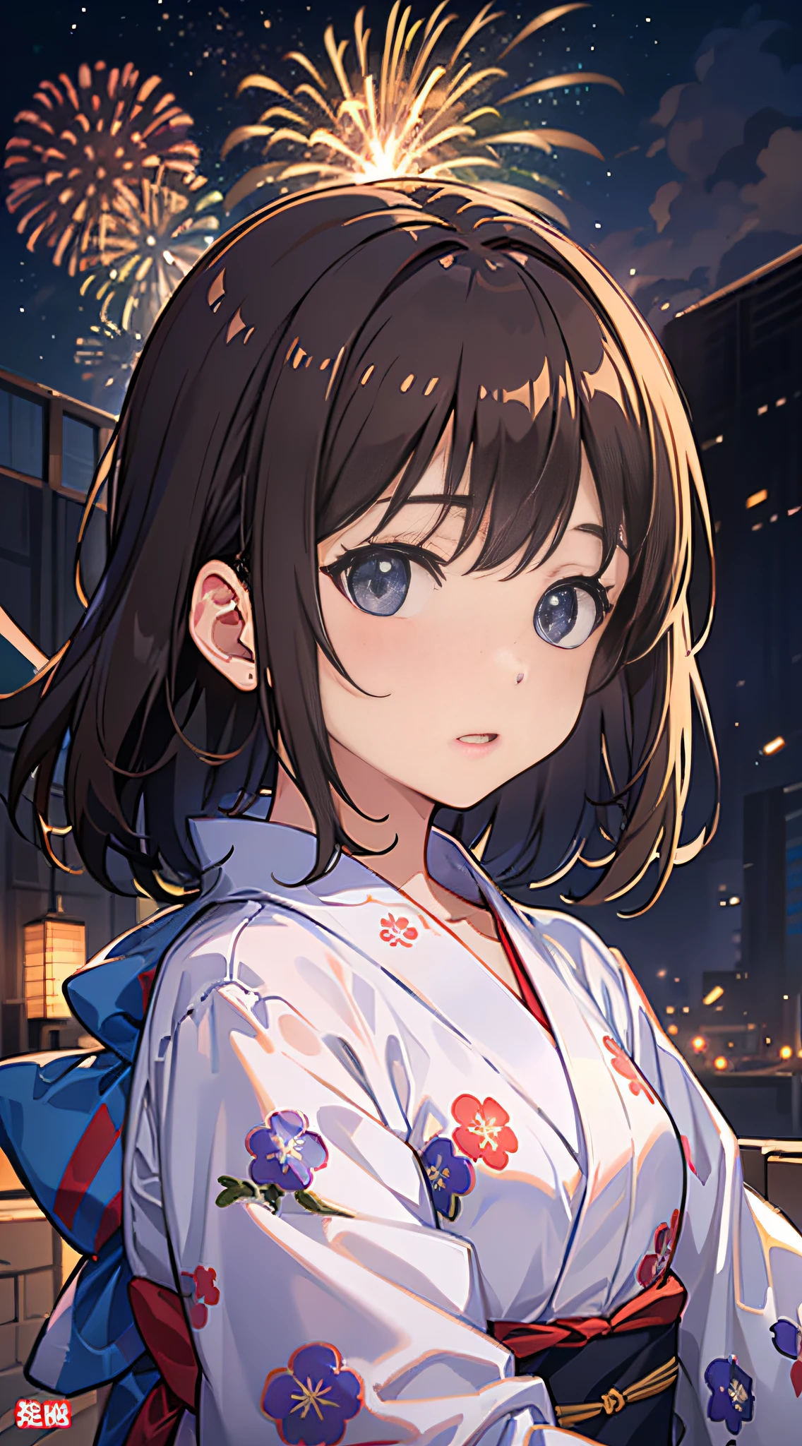 (8K、Raw photography、top-quality、​masterpiece:1.2)、Illustration Touch、ultra-detailliert、超A high resolution、1 fair-skinned girl、dark brown  hair、skyrocket、Looking up at the light-colored yukata fireworks、Uchiwa