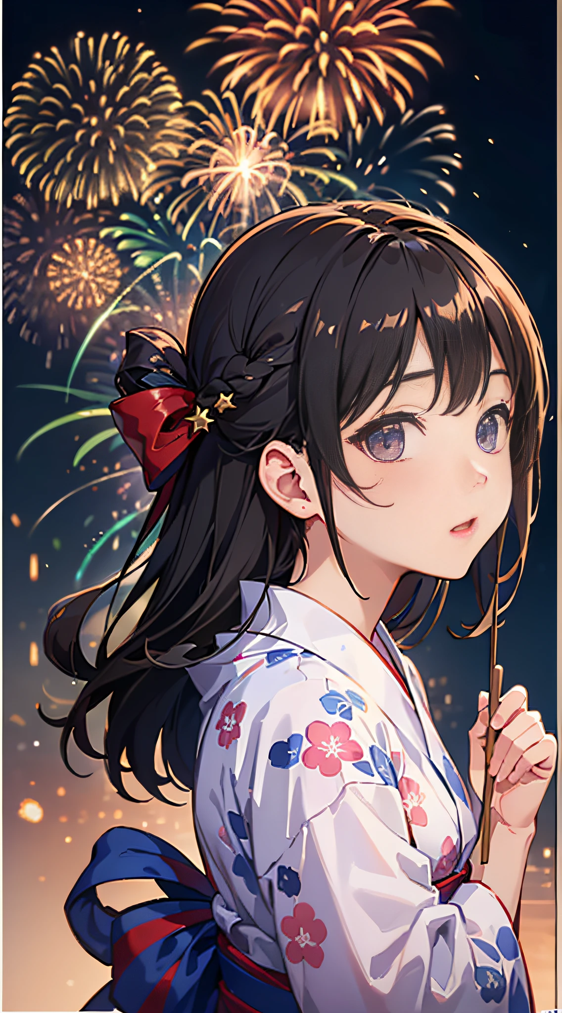 (8K、Raw photography、top-quality、​masterpiece:1.2)、Illustration Touch、ultra-detailliert、超A high resolution、1 fair-skinned girl、Dark brown fireworks、Light-colored yukata、Looking up at the fireworks、Uchiwa