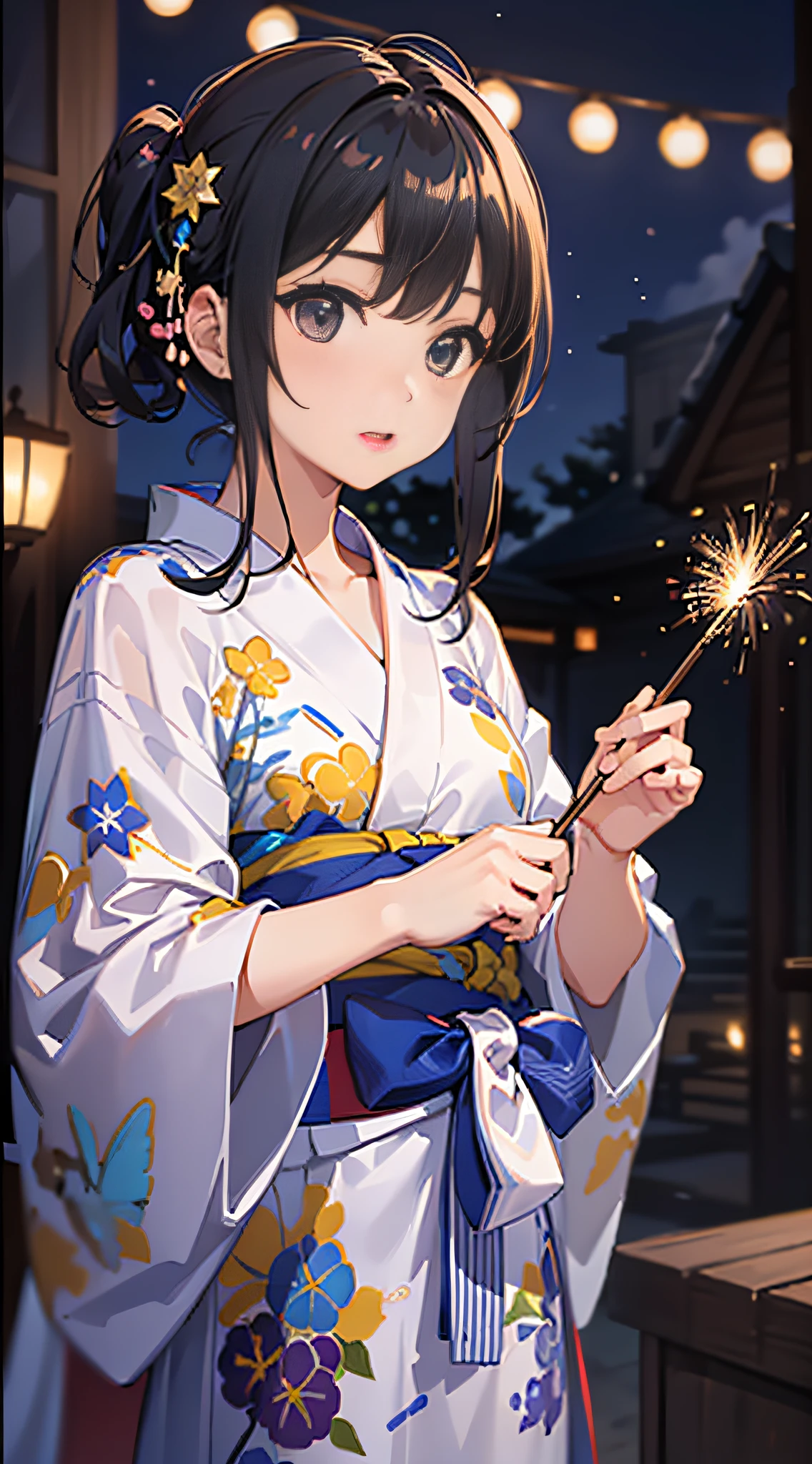 (8k、Photographie RAW、qualité supérieure、chef d&#39;oeuvre:1.2)、Illustration tactile、ultra-détaillé、超Une haute résolution、1 fille à la peau claire、monter en flèche、Regardant les feux d&#39;artifice yukata de couleur claire、Uchiwa