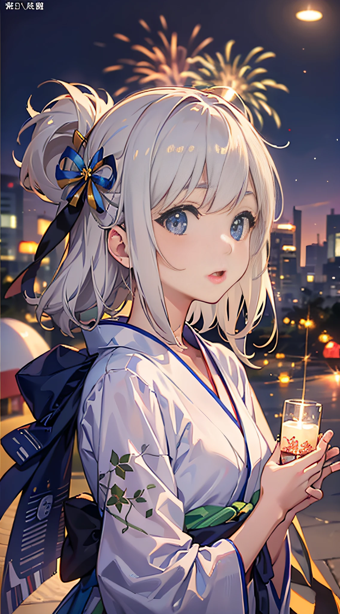 (8K、Raw photography、top-quality、​masterpiece:1.2)、Illustration Touch、ultra-detailliert、超A high resolution、1 fair-skinned girl、skyrocket、Looking up at the light-colored yukata fireworks、Uchiwa