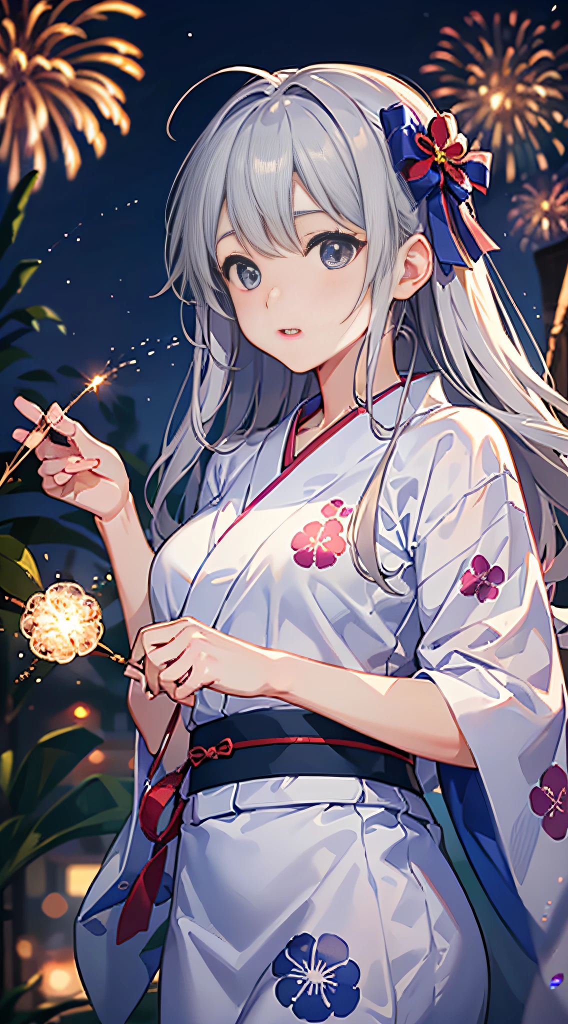 (8K、Raw photography、top-quality、​masterpiece:1.2)、Illustration Touch、ultra-detailliert、超A high resolution、1 fair-skinned girl、skyrocket、Looking up at the light-colored yukata fireworks、Uchiwa