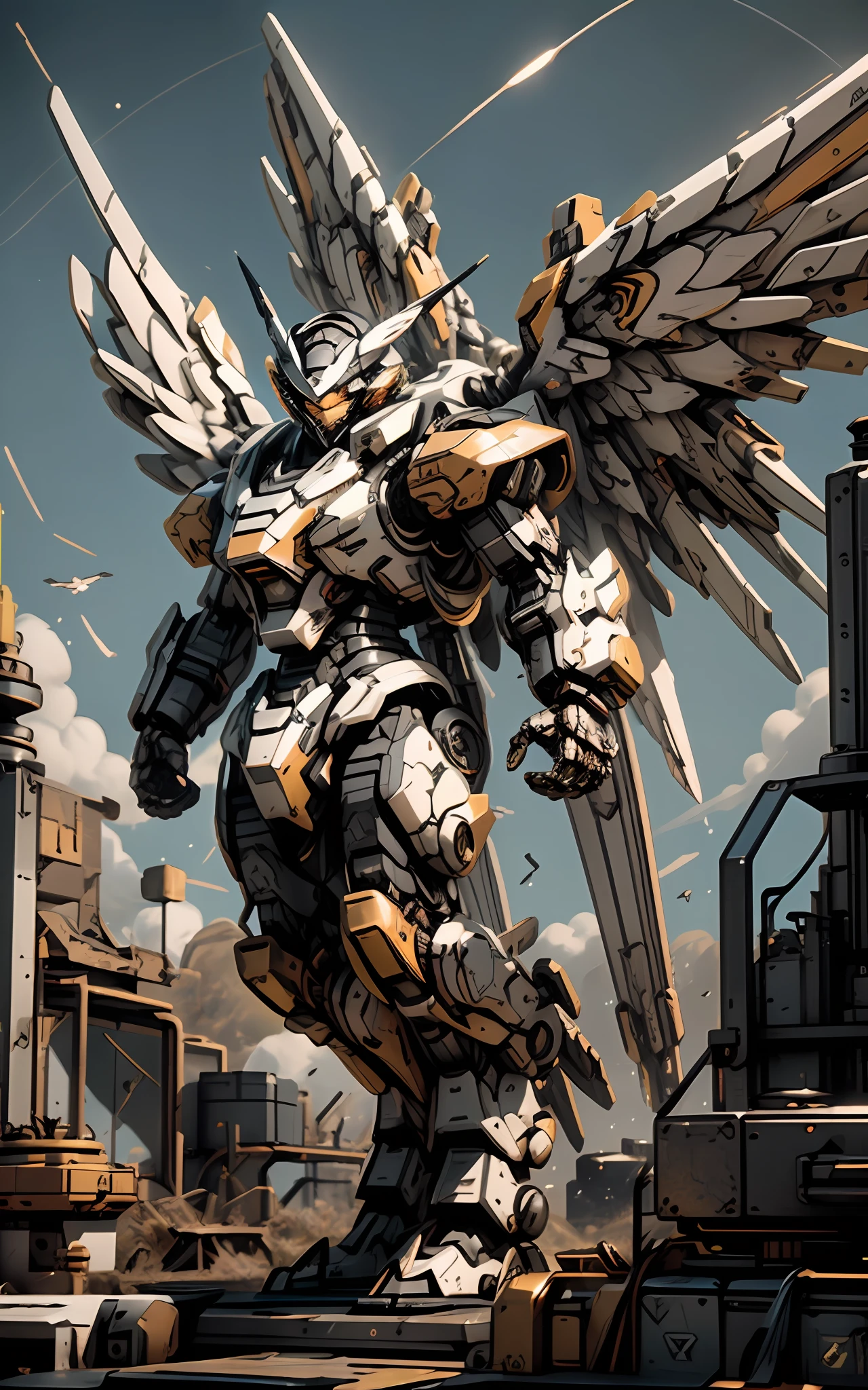 Arafede robot with wings and large metal body, alexandre ferra white mecha, Mecha wings, Alexander Ferra Mecha, mecha art, mechanized valkyrie, Mecha Inspiration, cool mecha style, greek god in mecha style, futuristic robot angel, Mechanized Valkyrie girl, detailed cosmic angelic robot, Mecha warrior,((Best Quality)), ((Masterpiece)), (Very Detailed:1.3), 3D,  HDR (High Dynamic Range), ray tracing, NVIDIA RTX, super resolution, unreal 5, subsurface scattering, PBR texture, post-processing, anisotropic filtering, depth of field, maximum sharpness and sharpness, multi-layer texture, albedo and highlight maps, surface shading, Accurate simulation of light-material interactions, perfect proportions, octane rendering, duotone lighting, low ISO, white balance, rule of thirds, wide aperture, 8K RAW, efficient sub-pixels, subpixel convolution, luminescent particles, light scattering, Tyndall effect