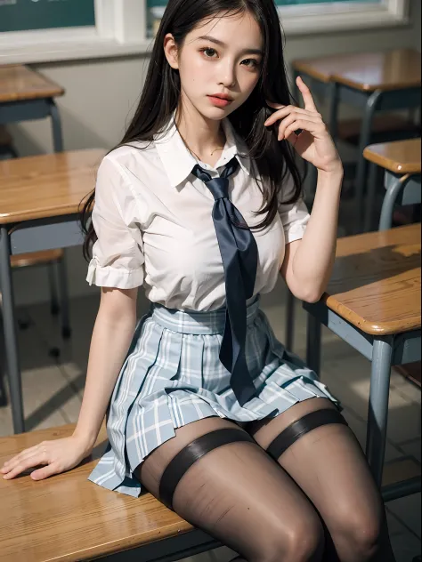 Masterpiece, Best Quality, Ultra Detailed, Illustration, Colorful, FAQ Color, Depth of Field, Lens Glow, 1girl, Hong Kong Beauty, Royal Sister Style, Sexy Style, Seated, Brunette Hair, Looking at the Audience, School, Classroom, Pleated Miniskirt, School U...