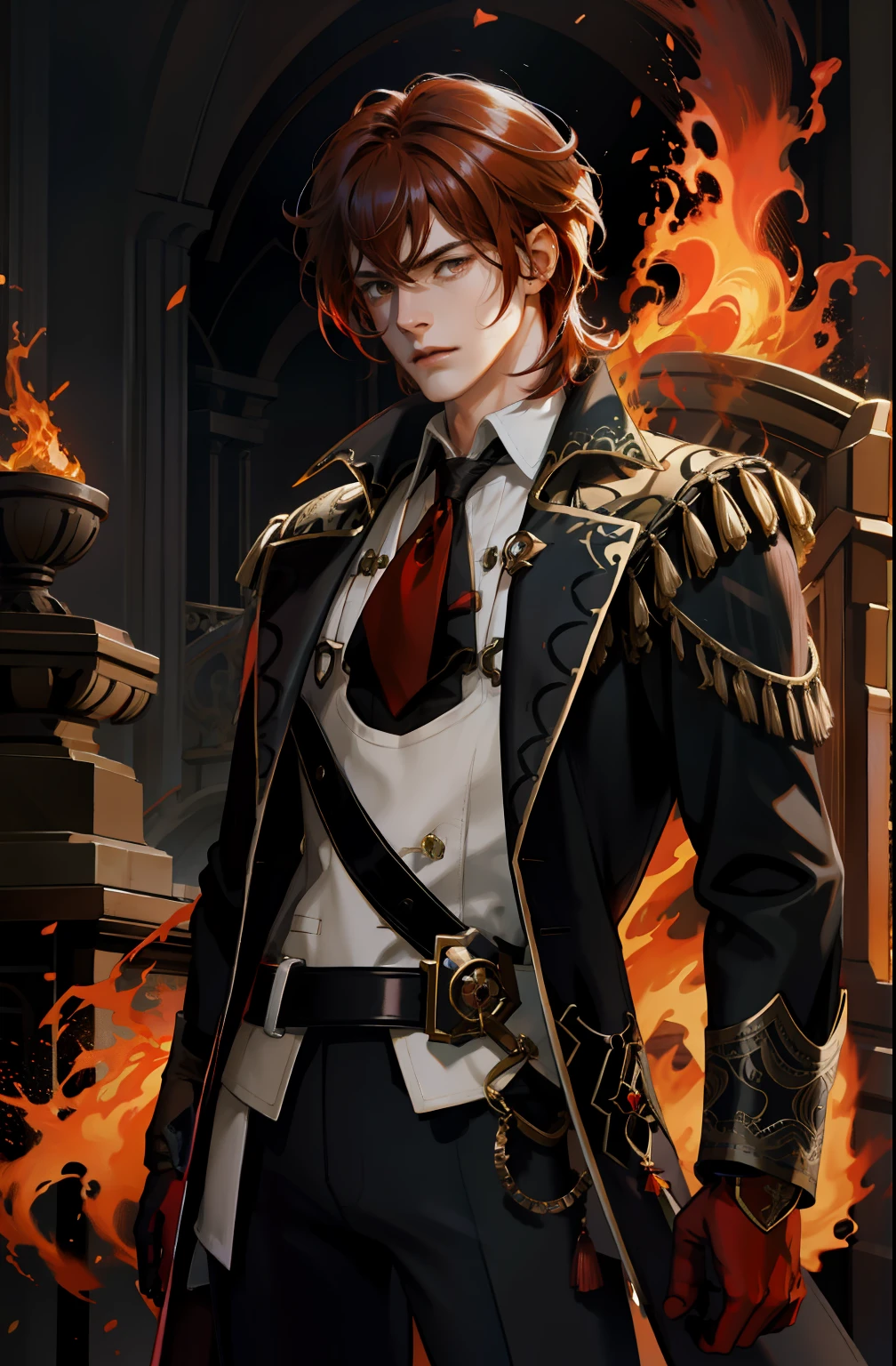 extremely delicate and beautiful, Amazing, finely detail, masterpiece, ultra-detailed, highres,best illustration, best shadow,intricate,sharp focus, high quality, 1 male solo, ((mature)) handsome, tall muscular guy, broad shoulders, (((dark red hair))) diluc genshin impact, dark brown coat with fur on the bottom, dark red gloves, black tie, light shirt, dark pants, big black boots, dynamic battle pose, big sword, fire fractal swirls,