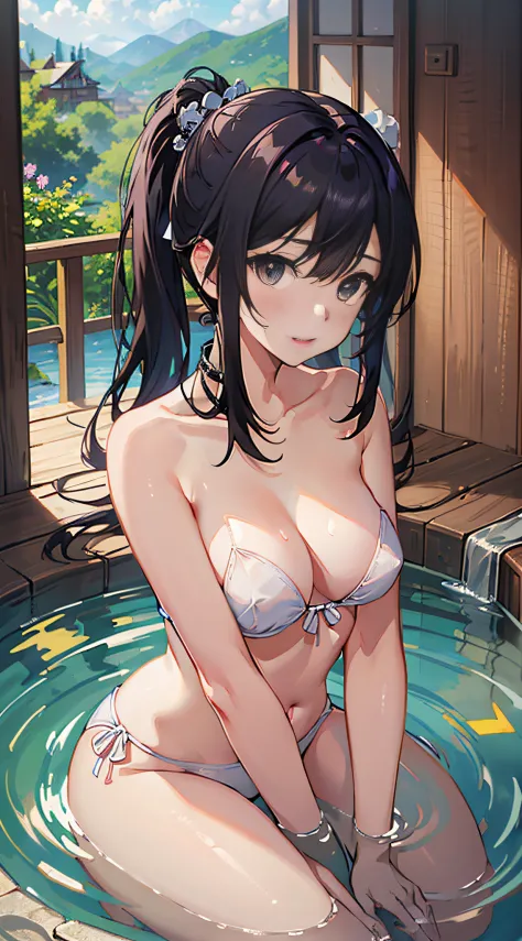 (8K、Raw photography、top-quality、​masterpiece:1.2)、Illustration Touch、ultra-detailliert、超A high resolution、1 fair-skinned girl、poneyTail、hot onsen、outdoor bath、cloudy water、Upbeat cheeks、perspiring、Sit up、No underwear
