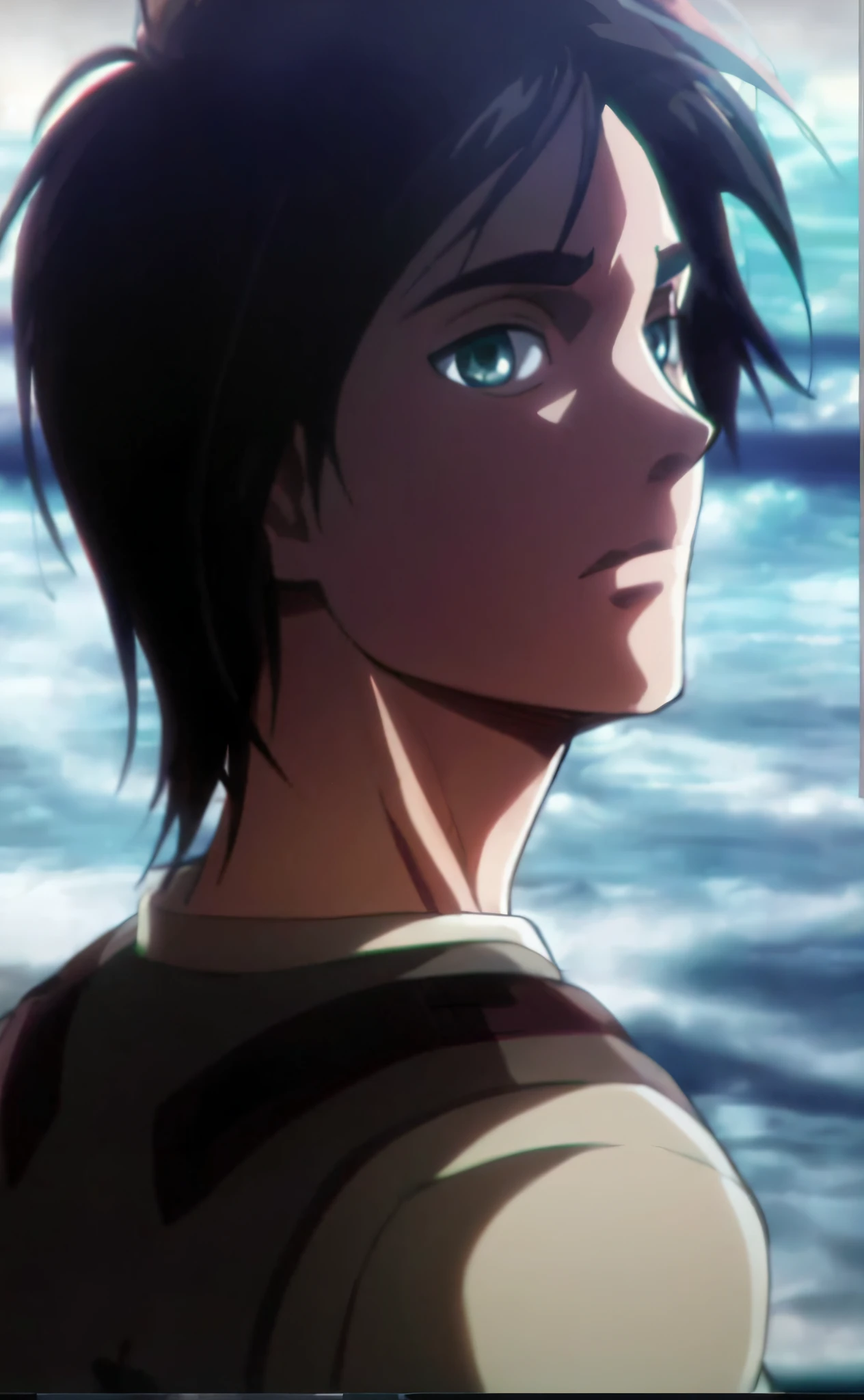 uma mulher de cabelo preto e camisa marrom olhando para o oceano, Eren Yeager, portrait of Eren Yeager, Eren Jaeger, do ataque ao titã, (ataque aos titãs anime), Levi Ackerman, no ataque ao titã, shingeki no kyojin, estilo de Hajime Isayama, Arte oficial