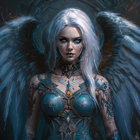 (((fullbody))) behold the crimson- blue safiro wings woman angel woman with white hair, full body, piercing crimson eyes, and pa...