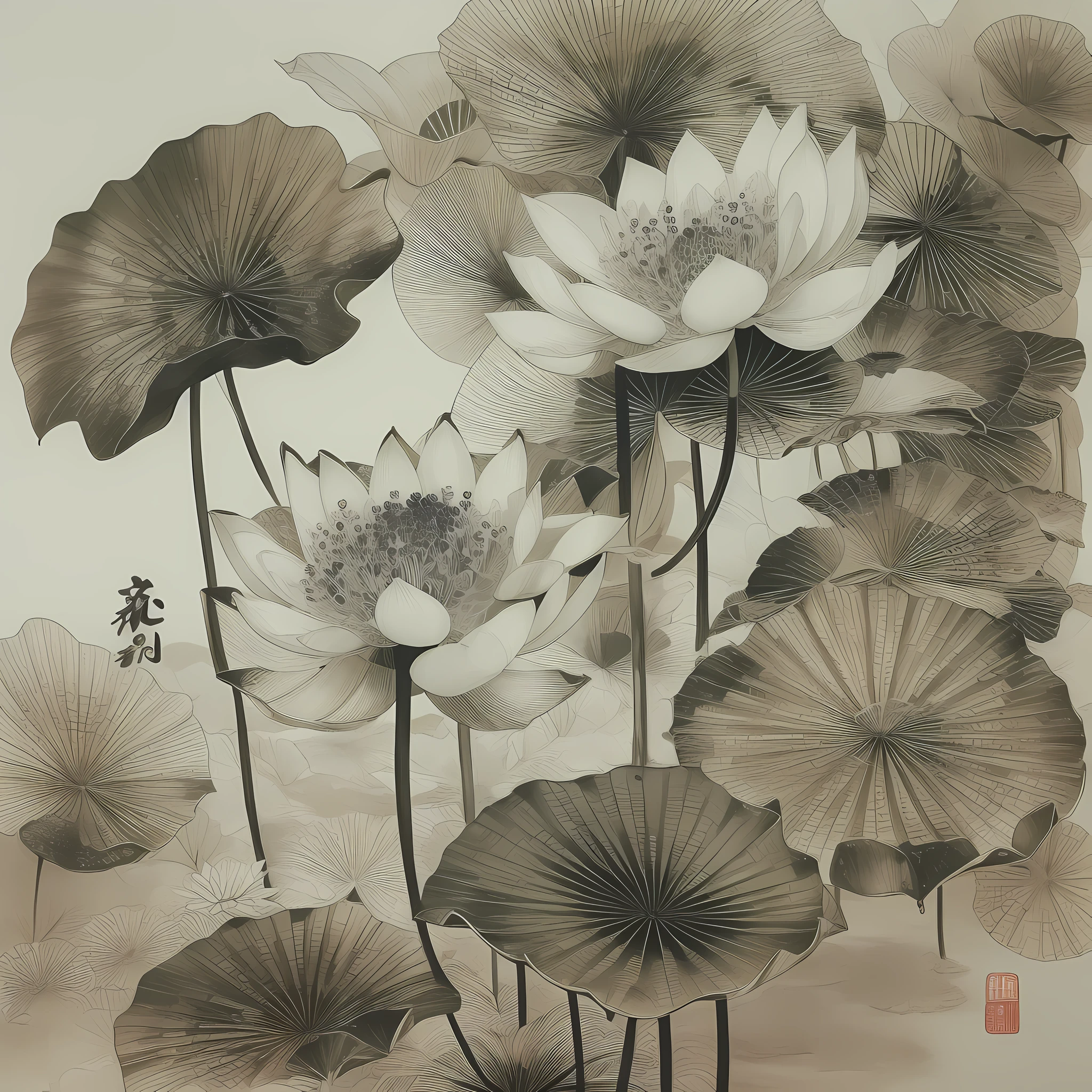 国画水墨画，黑莲花，荷叶