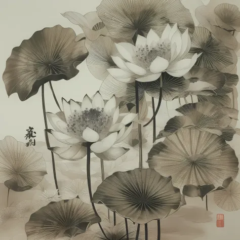 Ink painting of traditional Chinese painting，Black lotus，Lotus leaf