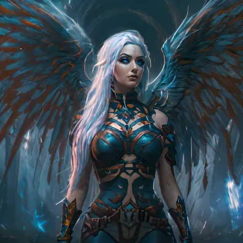 (((fullbody))) behold the crimson- blue safiro wings woman angel woman with white hair, full body, piercing crimson eyes, and pa...