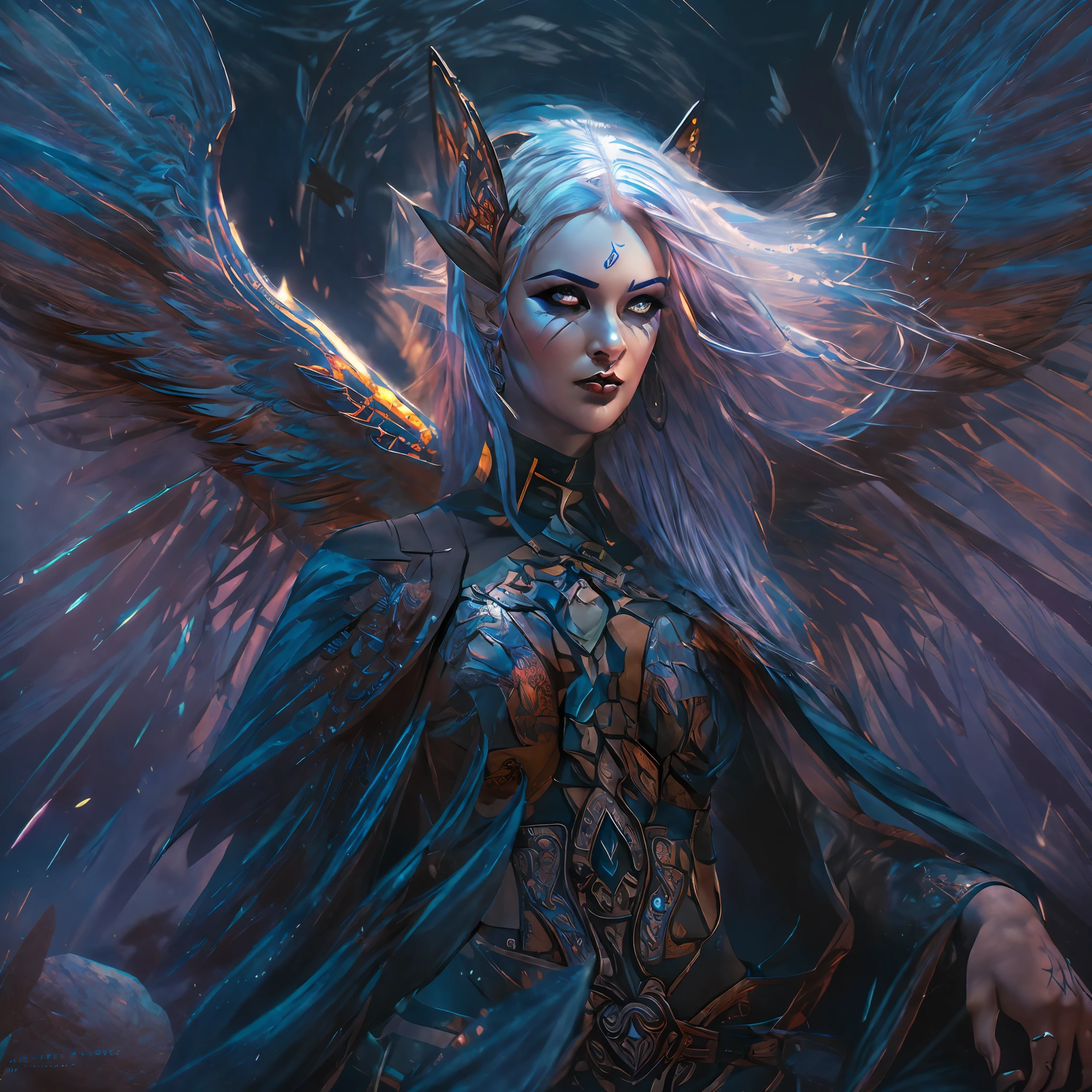 (((fullbody))) Behold the crimson- blue safiro wings woman angel woman with white hair, full body, piercing crimson eyes, and pale skin standing amidst the twilight. Every detail of this mythical creature has been captured in extreme quality, from the tattooed bodies to the ultra-detailed face, all rendered in ultra HD 8k digital art with unmatched precision and digitality. The dark lightning that surrounds this magnificent being adds to the sense of awe and wonder. This is not just any digital art portrait, but a concept art masterpiece by Greg Rutkowski, also known as artgerm, renowned for his hyperdetailed and intricately detailed gothic art style. The use of triadic colours adds to the fantastical and otherworldly nature of the piece, with intricate details that make it a true splash screen. The complementary colours and intricate details make this fantasy concept art a gothic