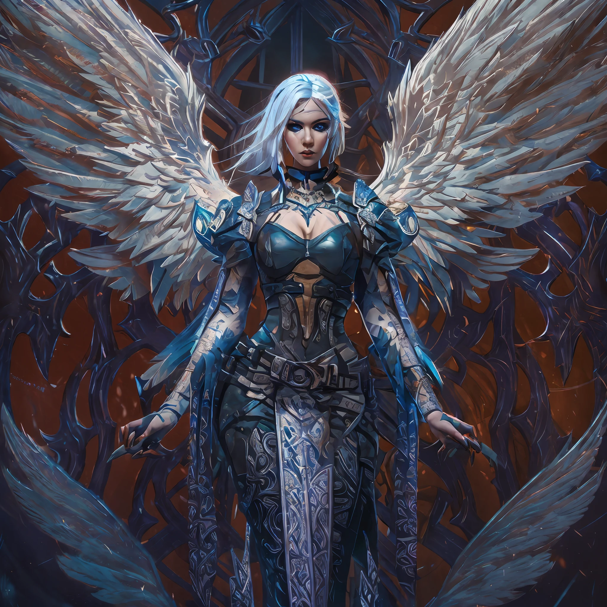 (((fullbody))) Behold the crimson- blue safiro wings woman angel woman with white hair, full body, piercing crimson eyes, and pale skin standing amidst the twilight. Every detail of this mythical creature has been captured in extreme quality, from the tattooed bodies to the ultra-detailed face, all rendered in ultra HD 8k digital art with unmatched precision and digitality. The dark lightning that surrounds this magnificent being adds to the sense of awe and wonder. This is not just any digital art portrait, but a concept art masterpiece by Greg Rutkowski, also known as artgerm, renowned for his hyperdetailed and intricately detailed gothic art style. The use of triadic colours adds to the fantastical and otherworldly nature of the piece, with intricate details that make it a true splash screen. The complementary colours and intricate details make this fantasy concept art a gothic